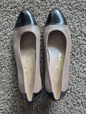 Salvatore Ferragamo Taupe Leather Flats with Black Patent Cap Toes